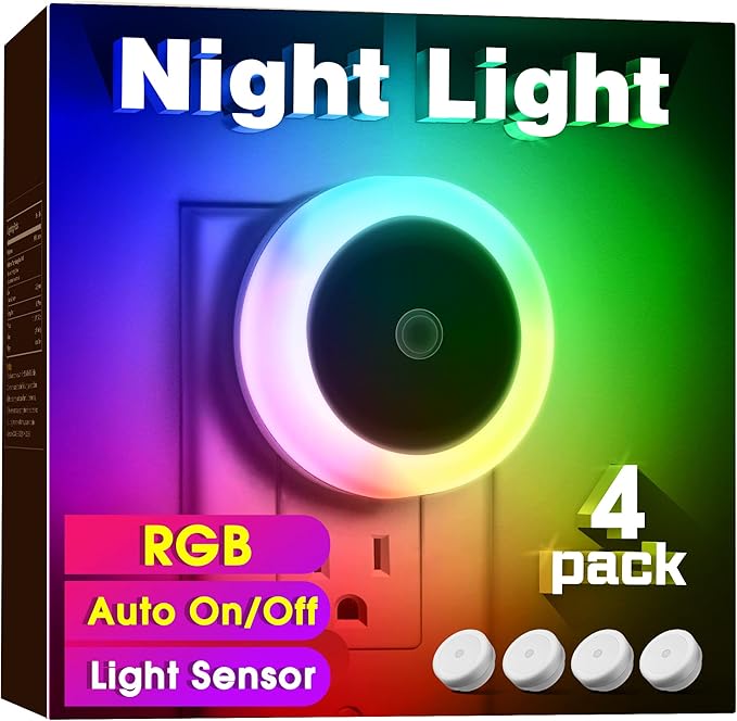Briignite Night Light for Kids, Dynamic RGB Night Lights Color Changing, Nightlight with Light Sensors, Kids NightLights for Bedroom, Plug in Night Light for Boys, Girl NightLight, 4 Pack