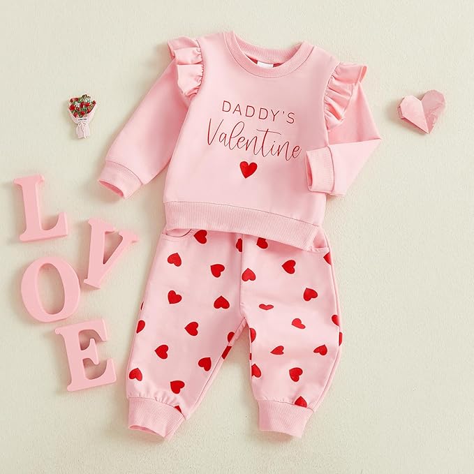 Dcohmch Daddys Valentine Baby Girl Outfit Letter Heart Print Long Sleeve Tops Shirt and Pants Toddler Spring Clothes