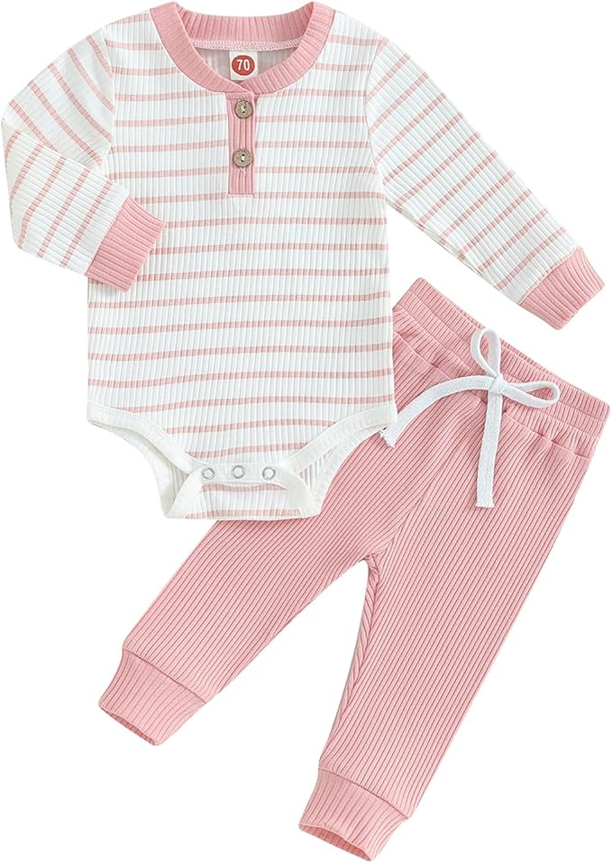 Newborn Baby Boy Girl Clothes Ribbed Knitted Long Sleeve Romper Pants Solid Cotton Infant Fall Winter Outfits 2Pcs