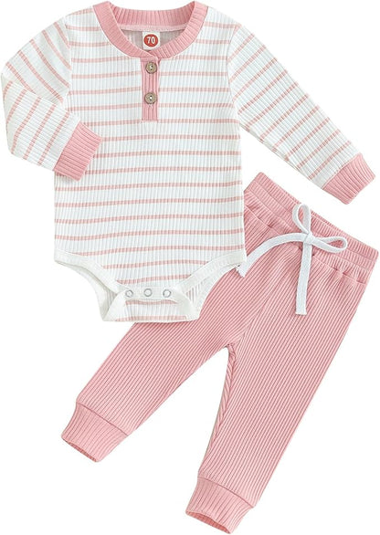 Newborn Baby Boy Girl Clothes Ribbed Knitted Long Sleeve Romper Pants Solid Cotton Infant Fall Winter Outfits 2Pcs