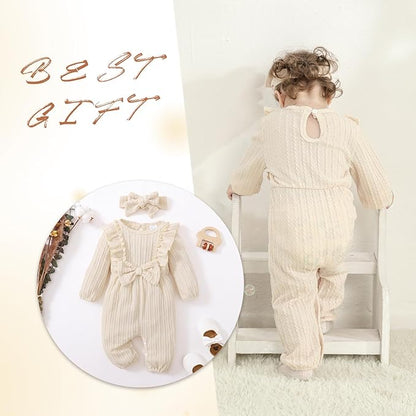 Happy Town Baby Girl Romper Infant Fall Winter Clothes Ruffle Sweater Long Sleeve Bodysuit Jumpsuit and Headband