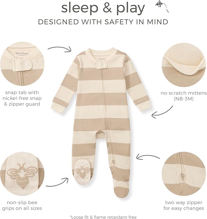 Burt's Bees Baby Boys Sleep and Play PJs, 100% Organic Cotton One-Piece Zip Front Romper Jumpsuit Pajamas