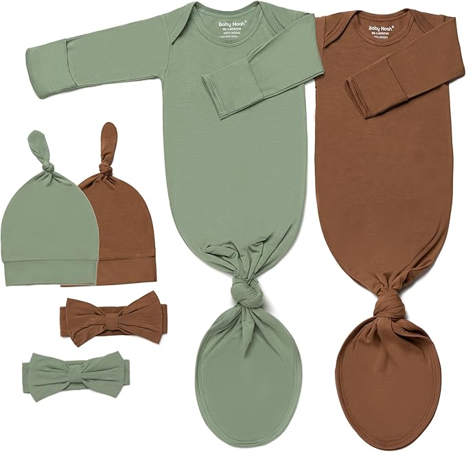 Newborn Baby Knotted Gown, Ultra-Soft Infant Sleeper Coming Home Outfit with Hat, Bowknot (2 Packs)