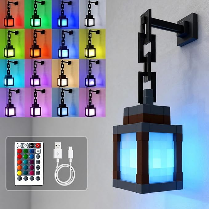 Pixelated Lantern Night Light, 16 Color LED Wall Night Light with Remote Control - Rechargeable Retro Pixel Style Table Lamp for Game Room Kids Room Decor and Children's Gifts