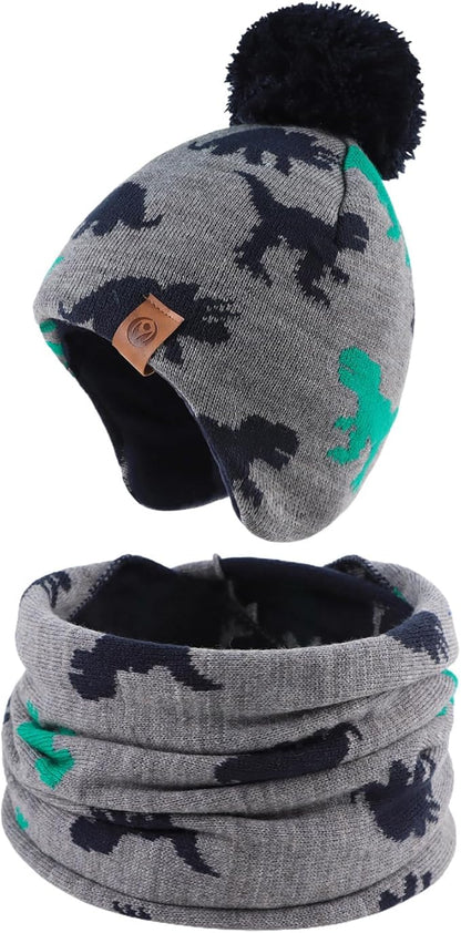 JANGANNSA Knitted Baby Hat Scarf Set Winter Warm Boys Girls Beanie Fleece Lining Toddler Kids Hats with Pompom