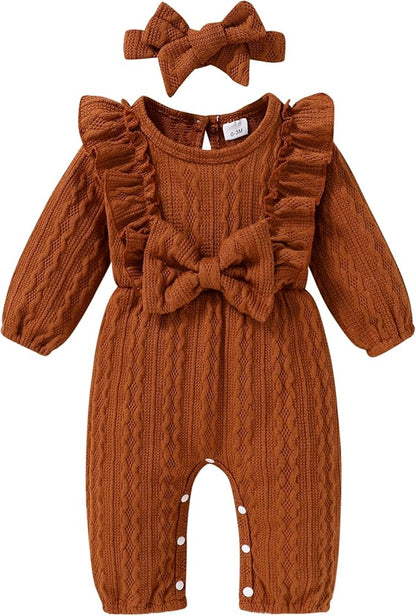 Happy Town Baby Girl Romper Infant Fall Winter Clothes Ruffle Sweater Long Sleeve Bodysuit Jumpsuit and Headband