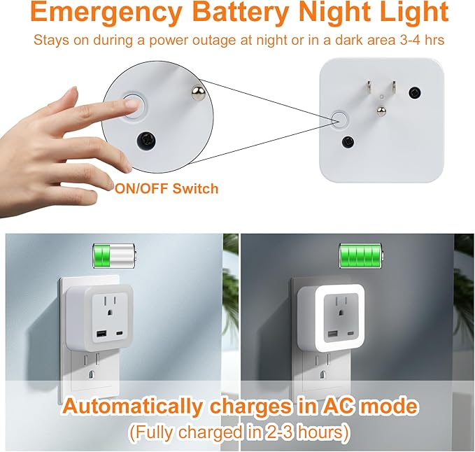 JackonLux Night Lights Plug Into Wall 2 Pack Rechargeable Battery Backup Light Dusk to Dawn Sensor Night Light with Outlet Expander for Adults Kids Bedroom, Kitchen, and Bathroom (Daylight - 5000K)