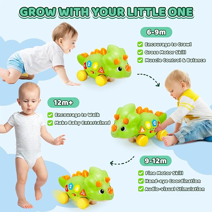BainGesk Dinosaur Crawling Toys for 1 Year Old Boy, Musical Baby Toys for 6-12 Months, Early Development Learning Toys for 12-18 Months Boys Girls, Birthday Gifts for 1-2 Year Old Toddlers