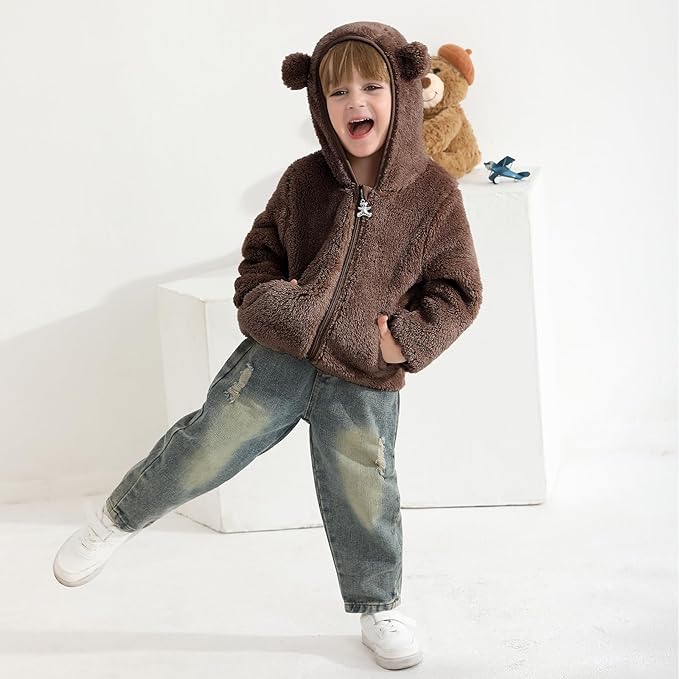 Baby Toddler Boys Girls Fleece Jacket with Hood Zip Up Cute Bear Coats for Infant Boys Girls Fuzzy Jacket with Ear 1-5T