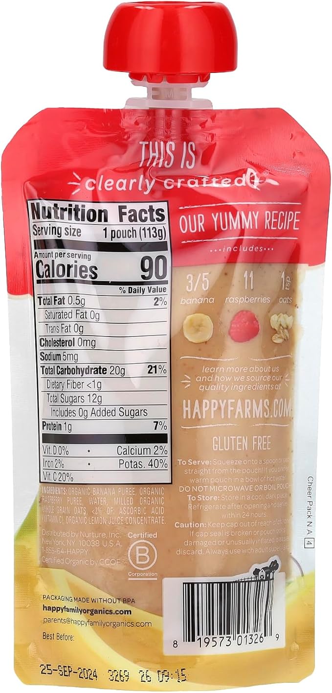 Happy Baby Organics Stage 2 Baby Food Pouches, Gluten Free, Vegan & Healthy Snack, Clearly Crafted Fruit & Veggie Puree, Bananas, Raspberries & Oats, 4 Ounces (Pack of 1)