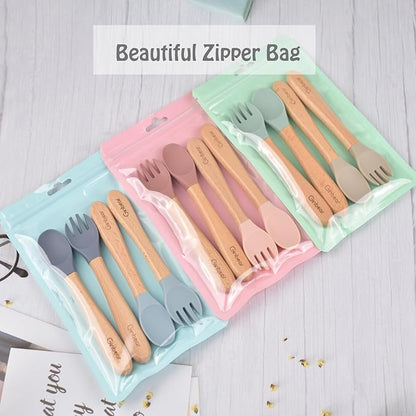 Ginbear Silicone Baby Spoons and Forks Self-feeding 12-18 Months, Soft-Tip Baby Flatware Sets for Girl, Toddler Feeding Utensils for Child, 4 Piece Set (Mauve/Pink)