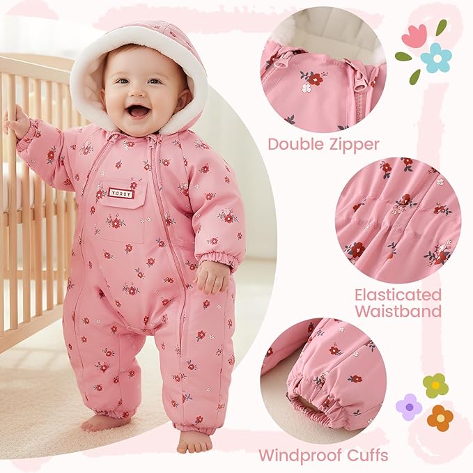 JiAmy Baby Snowsuit Newborn Printed Winter Clothes Outfit Infant Boys Grils Hooded Double Zippers Jumpsuit Onesie Coat