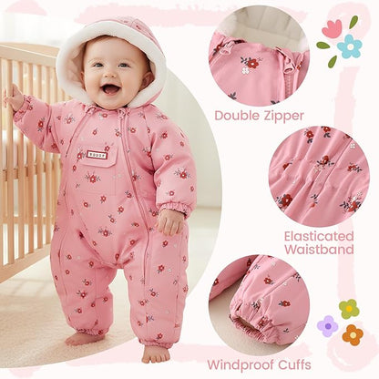 JiAmy Baby Snowsuit Newborn Printed Winter Clothes Outfit Infant Boys Grils Hooded Double Zippers Jumpsuit Onesie Coat