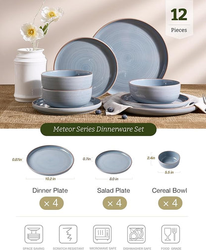 Famiware Meteor Plates and Bowls Sets for 4, 12 Pieces Dinnerware Sets, Microwave and Dishwasher Safe Dishes Set, Blue Gray