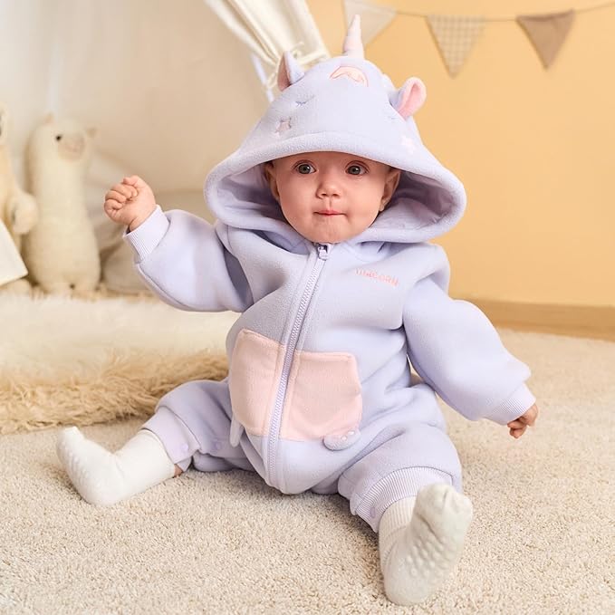 DAVE&BELLA Animal Jumpsuit for Baby Boy Girl, Hooded Winter One-Piece Romper Zip Up Fleece Infant Bodysuit with Snap Closure
