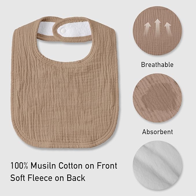 Muslin Baby Drool Bibs for Unisex Boys Girls, 10 Pack Soft Cotton Baby Bib for Teething Drooling, Essentials Shower Gift (10, Brown)