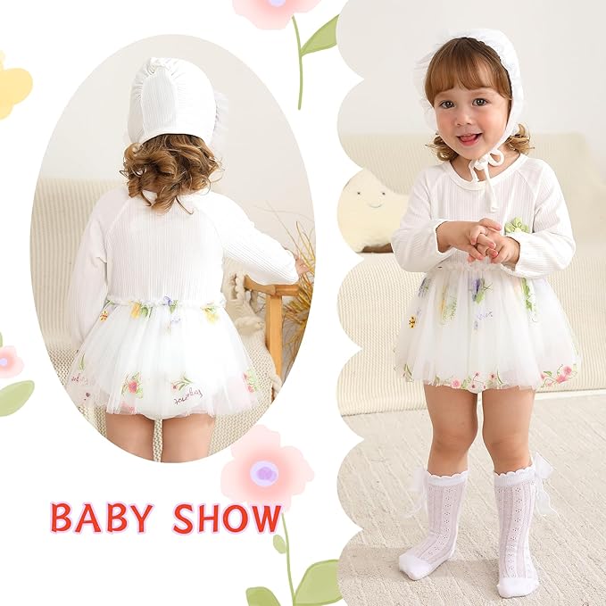 YOUNGER TREE Newborn Baby Girl Romper Dress Outfits Long Sleeve Floral Tutu Bodysuit with Leggings Hat Infant Fall Clothes