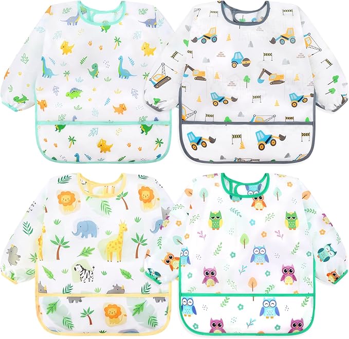 Accmor 4 Pack Long Sleeve Bibs, Baby Smock Waterproof Sleeved Bib Smock for Baby Toddler 6-36 Months