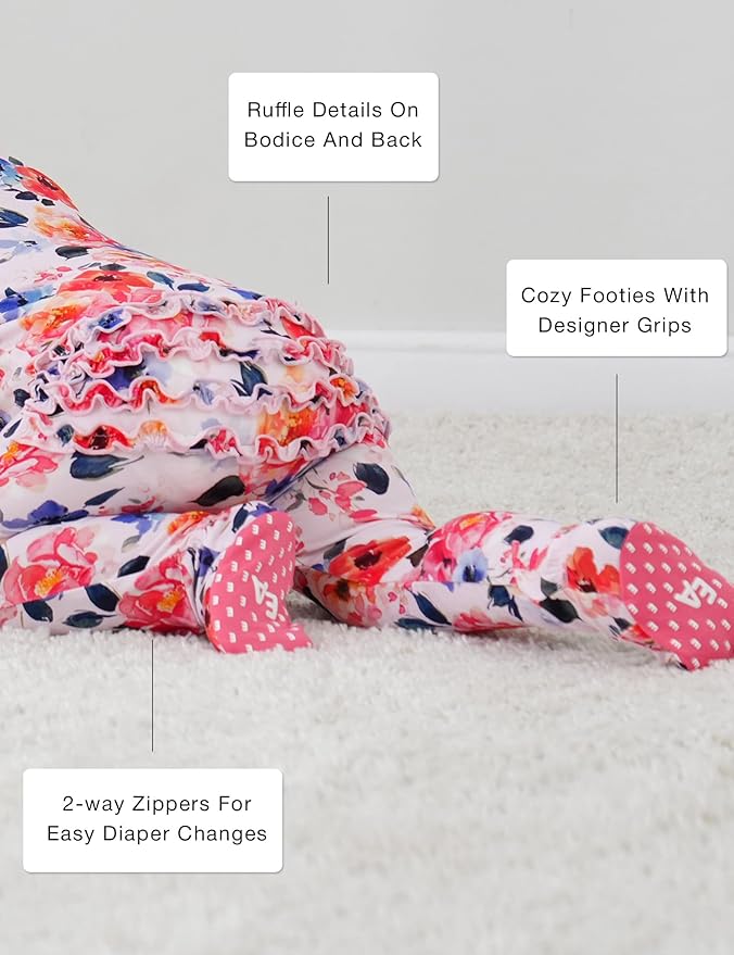 Bamboo Viscose Baby Girl Footie Pajamas, Newborn Sleepers Infant Onesie, 2-Way Zipper Footed Pjs