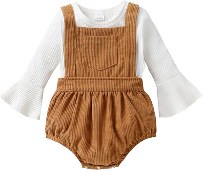 Tiny Cutey Newborn Baby Girl Clothes Bell Sleeve Romper and Corduroy Overalls Shorts Infant Girl Fall Outfits