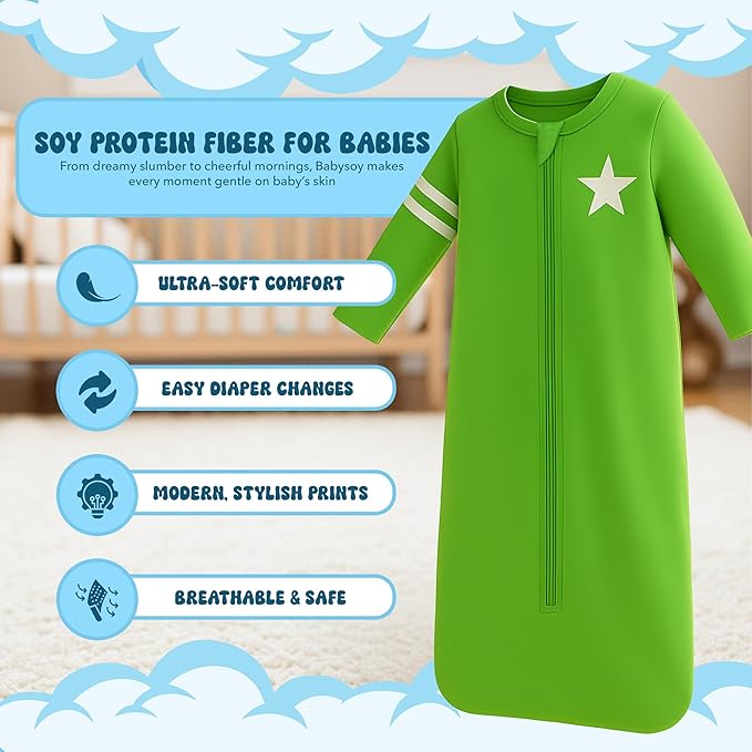 Babysoy Long Sleeve Wearable Blanket Sleep Sack, Infant to Toddler Sleeping Bag, Choose from size 0-24 Months