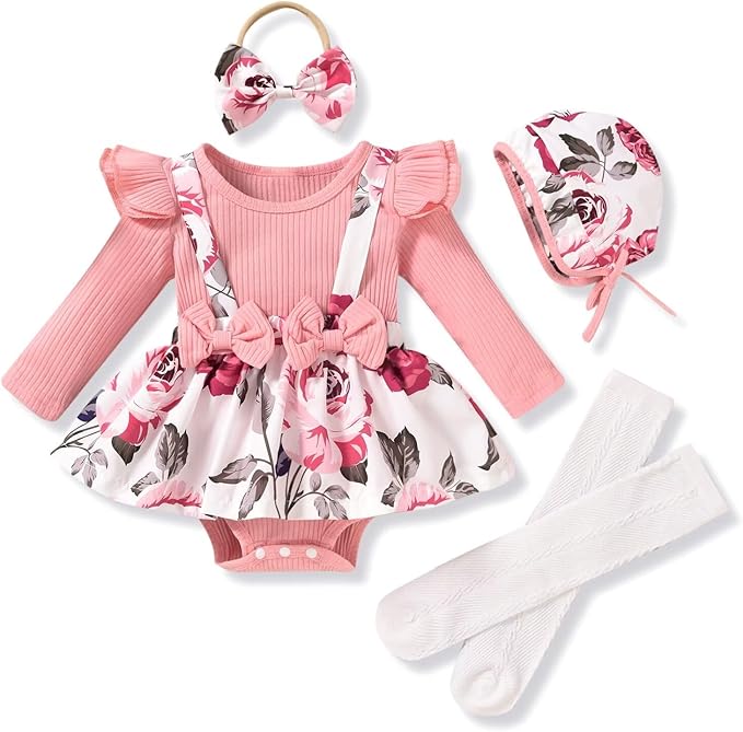 Unutiylo Preemie Newborn Baby Girl Clothes Romper Suspender Dress Fall Winter Outfits Ruffle Long Sleeve Jumpsuit