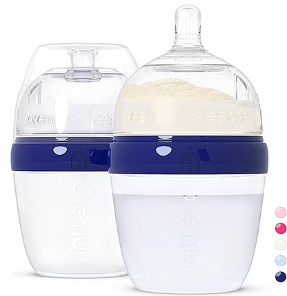 INTTERO Baby Bottles with Built-in Formula Dispenser, Anti-Colic Wide Neck Design for Newborn Feeding and Everyday Baby Essentials, 6 Oz Slow Flow (2 Pack), Modern Blue