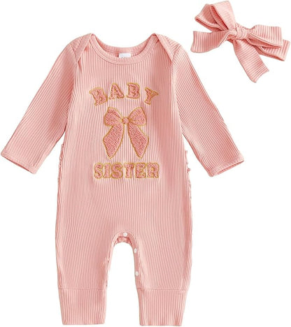 WZTYYDS Newborn Baby Girl Clothes Ribbed Romper Print Long Sleeve Jumpsuits Bow Headband Set Infant One-piece Outfits