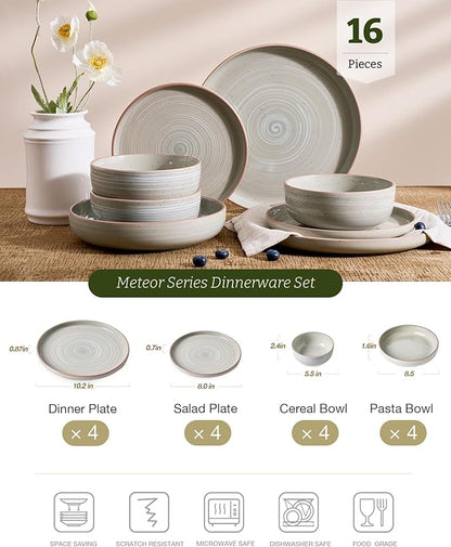 Famiware Meteor Stoneware Dinnerware Sets with Pasta Bowls, Service for 4 (16 Pieces), Plates and Bowls Sets, Microwave and Dishwasher Safe Dishes Set, Matcha Green