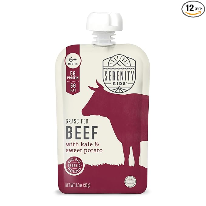 Serenity Kids 6+ Months Baby Food Pouches - 5g Protein Boost with Grass Fed Beef - No Added Sugar Organic Veggie Puree Pouches - On-the-Go Toddler Food Pack - 3.5 Oz, Pack of 12