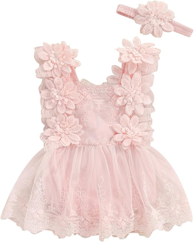 Infant Baby Girl Lace Romper Baby Tulle Dress Romper Flowers Bodysuit Spring Summer Festival Clothes with Headband