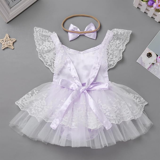 FYMNSI Infant Baby Girl 1st Birthday Outfit Floral Lace Tulle Romper Tutu Dress Headband 2PCS Bodysuit Princess Summer Clothe