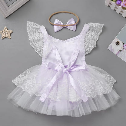 FYMNSI Infant Baby Girl 1st Birthday Outfit Floral Lace Tulle Romper Tutu Dress Headband 2PCS Bodysuit Princess Summer Clothe