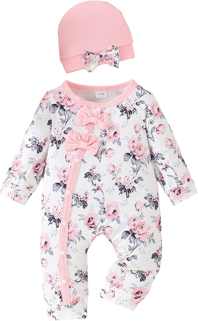 Mioglrie Newborn Baby Girl Clothes Long Sleeve Romper Infant Fall Winter Outfits Floral Hat Jumpsuit Preemie Girl Clothes