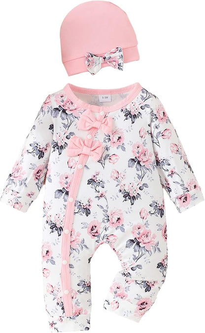 Mioglrie Newborn Baby Girl Clothes Long Sleeve Romper Infant Fall Winter Outfits Floral Hat Jumpsuit Preemie Girl Clothes
