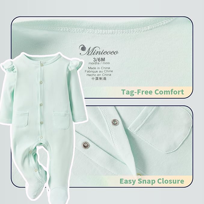 Baby Girls Ruffled Sleeve Footed Romper - 100% Cotton Snap Closure Jumpsuit with Small Pocket