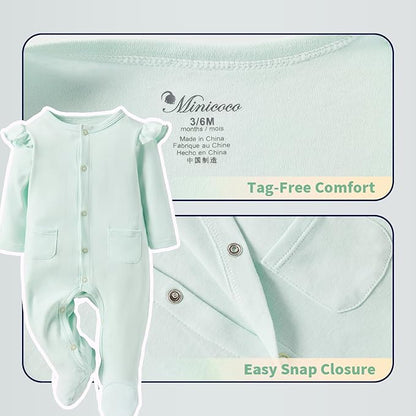 Baby Girls Ruffled Sleeve Footed Romper - 100% Cotton Snap Closure Jumpsuit with Small Pocket