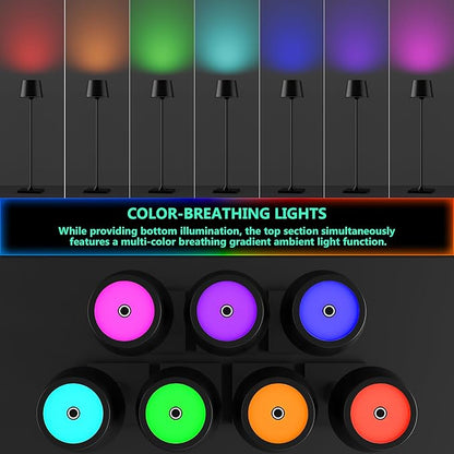 Compact Cordless Table Lamp, Rechargeable LED Night Light, Dual Light Source (RGB Top & Warm Bottom), Touch Control & Timer, Metal Lamp for Bedroom & Kids Room (Black 1pack)