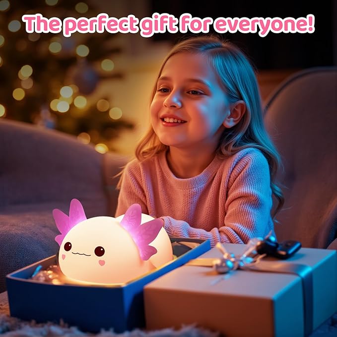 Mewaii Huggwaii Squishy Axolotl Night Light for Kids, 4 Soothing White Noise Sounds, Dimmable Silicone Axolotl Lamp Toddler Light, Upgraded Rechargeable Nightlight,Baby Gifts & Girls Room Decor