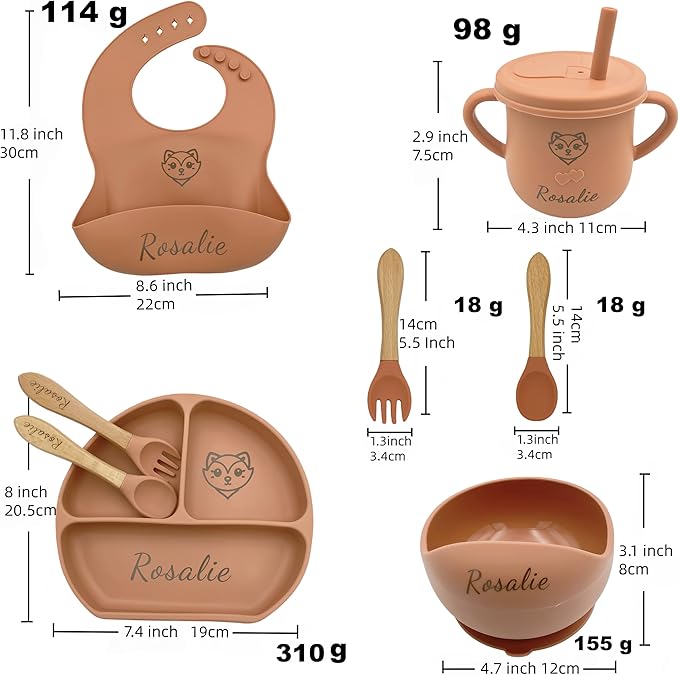 Personalized Name Food Grade 6pcs Baby Feeding Set with Spoon, Fork,Silicone Suction Bowls,Cup,Plate,and bib BPA Free - First Stage Self Feed (Color Modern Terracotta Y27)
