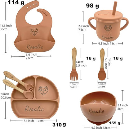 Personalized Name Food Grade 6pcs Baby Feeding Set with Spoon, Fork,Silicone Suction Bowls,Cup,Plate,and bib BPA Free - First Stage Self Feed (Color Modern Terracotta Y27)