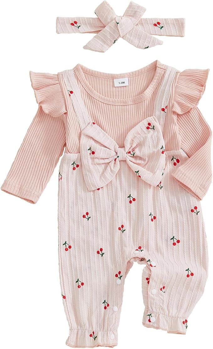 Infant Baby Girl Fall Outfit Romper Cherry Print Fake Two Pieces Patchwork Bow Jumpsuit Newborn Winter Clothes