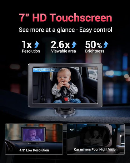 Baby Car Camera, 1296P HD Car Baby Monitor with 7" Touchscreen, CarPlay, No‑Glow Night Vision, 150° Wide Angle, Live Rear‑Seat View, Easy Installation, Alternative to Rear Facing Mirrors