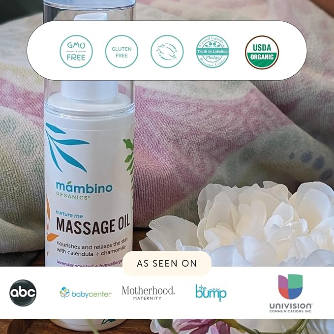 Mambino Organics Massage Baby Oil – Organic, Nourishing with Egyptian Calendula, Chamomile & Lavender – Gentle for After-Bath Relaxing – Cruelty-Free Baby Oils for Baby & Kids, 2-Pack 5 fl oz