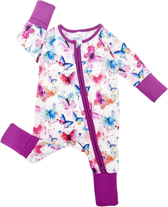 Bow Dream Bamboo Rayon Baby Boy Romper Footed Long Sleeve Footies Newborn Girl Clothes Footless with Zipper and Mitten Cuffs