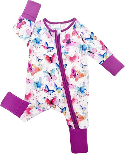 Bow Dream Bamboo Rayon Baby Boy Romper Footed Long Sleeve Footies Newborn Girl Clothes Footless with Zipper and Mitten Cuffs