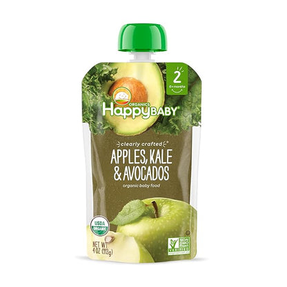 Happy Baby Organics Stage 2 Baby Food Pouches, Gluten Free, Vegan & Healthy Snack, Clearly Crafted Fruit & Veggie Puree, Apples, Kale & Avocados, 4 Ounces (Pack of 16)