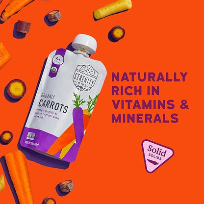 Serenity Kids 6+ USDA Months Organic Carrot Veggie Puree Baby Food Pouches - 3.5 oz Pack of 12 - Organic, BPA-Free & Allergen Free Baby Snacks - No Sugary Fruits & No Added Sugar - 3.5 Oz, 12 Pack