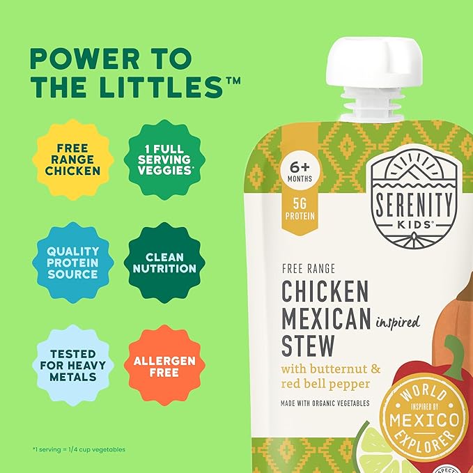 Serenity Kids 6+ Months Chicken Mexican Stew Baby Food Pouch - 3.5 oz, Pack of 12 - DV 5g Protein Baby Protein Pouches - Chicken Veggie Puree - On-the-Go Convenience