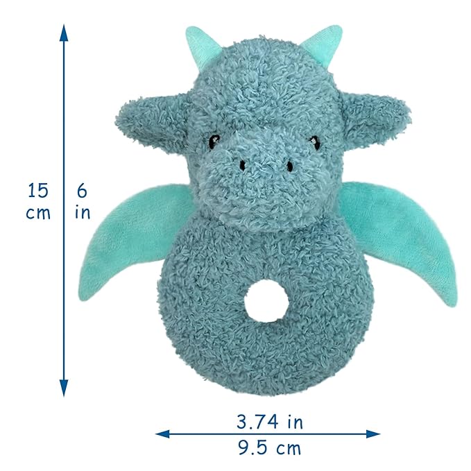 Baby Dragon Soft Rattle Toy, Plush Dinosaur Infant Shaker Rattle Easy-Grasp Stuffed Animal Toy, Gifts for Newborns Babies Toddlers Boys Girls, Cyan, 6 Inches